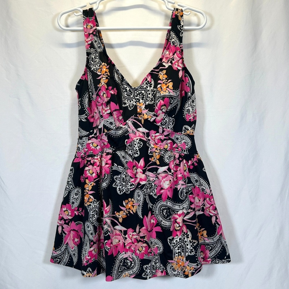 Maxine of Hollywood Swimsuit Plus Size 18W‎ Dress Skirt Pink Black Floral Empire